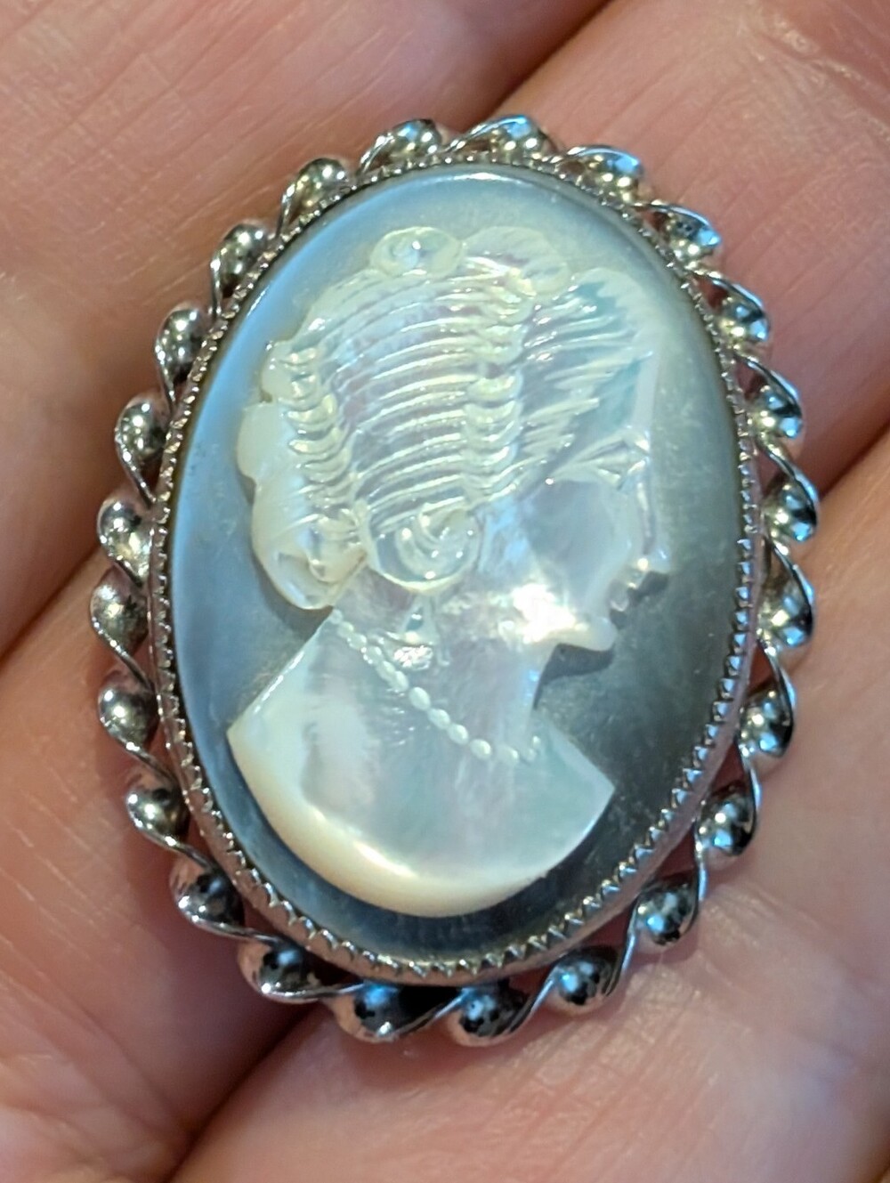 Sterling Silver Cameo Brooch - Vintage Shell Cameo Brooch - Carved Shell Brooch